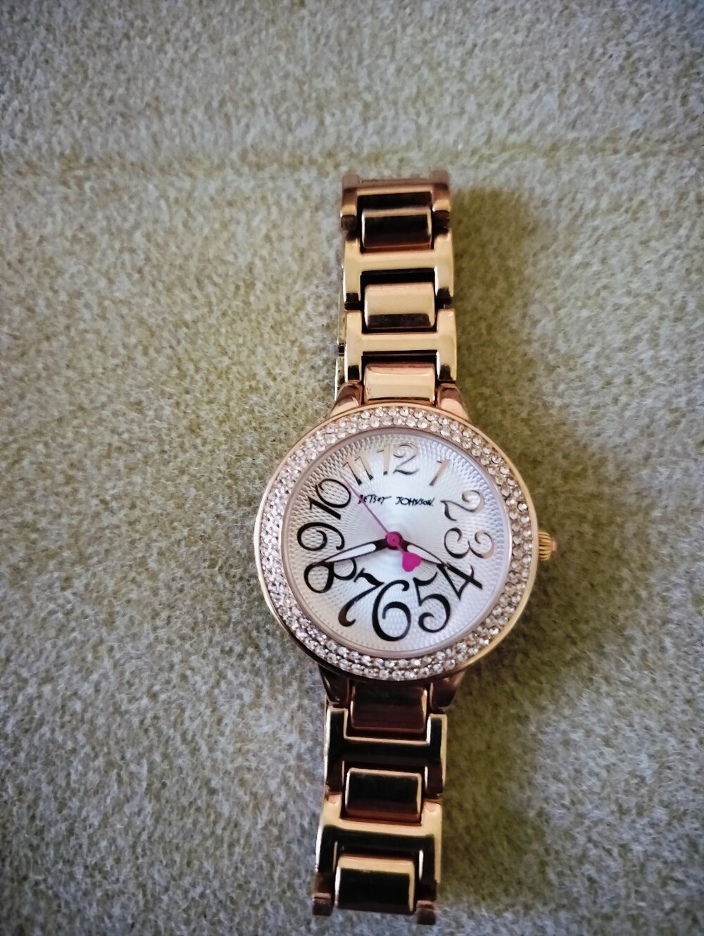 Betsey Johnson Rose Gold Tone Crystal Bezel Watch with Pink Hands